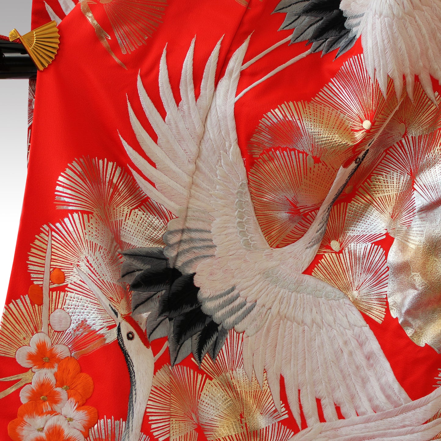 Kimono Uchikake Vermilion-Red FlyingCrane Plum Embroidery GoldLeaf SilverLeaf Japanese Traditional Clothing Japan