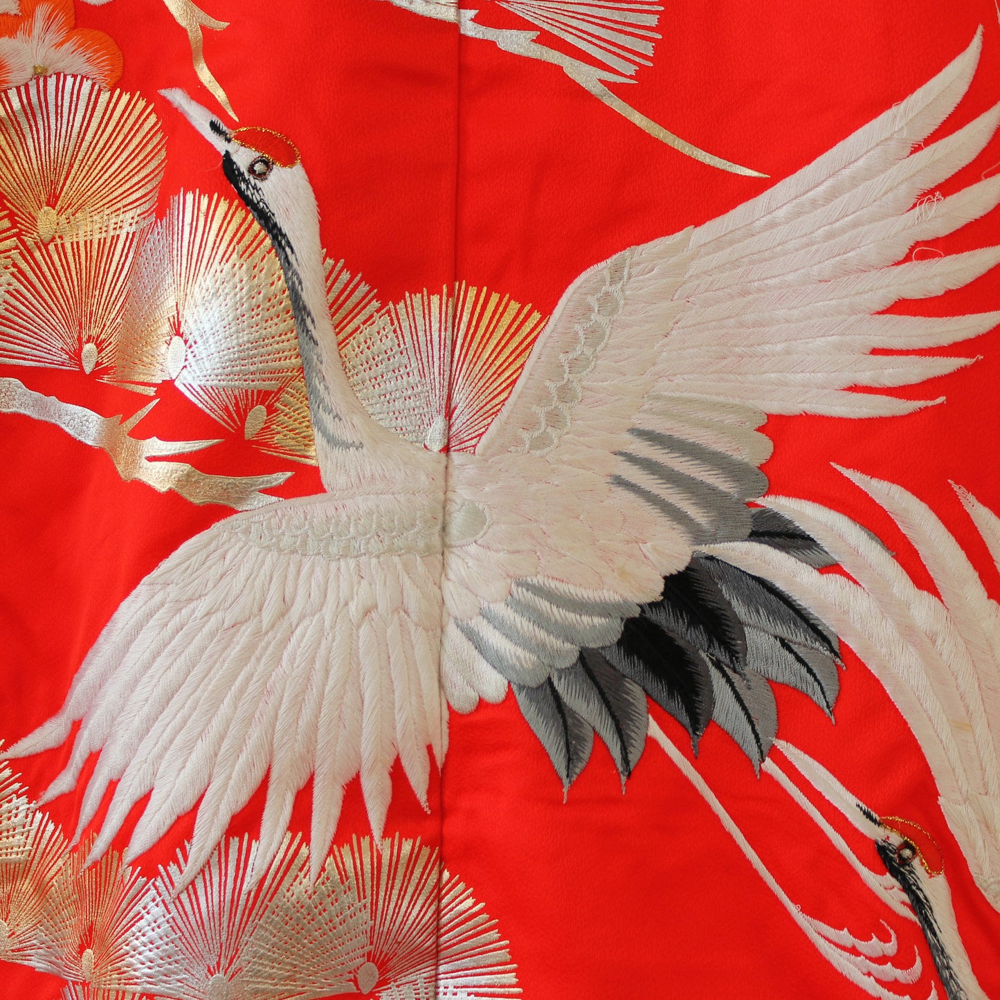 Kimono Uchikake Vermilion-Red FlyingCrane Plum Embroidery GoldLeaf SilverLeaf Japanese Traditional Clothing Japan