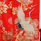 Kimono Uchikake Vermilion-Red FlyingCrane Plum Embroidery GoldLeaf SilverLeaf Japanese Traditional Clothing Japan