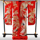 Kimono Uchikake Vermilion-Red FlyingCrane Plum Embroidery GoldLeaf SilverLeaf Japanese Traditional Clothing Japan