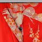 Kimono Uchikake Vermilion-Red FlyingCrane Plum Embroidery GoldLeaf SilverLeaf Japanese Traditional Clothing Japan